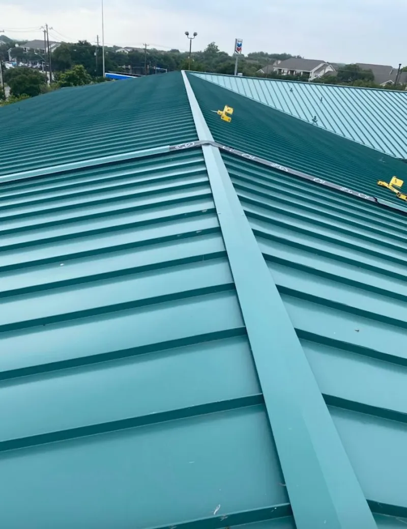 Green commercial metal roof ridge and valley for Metal Roof Repair in La Mirada